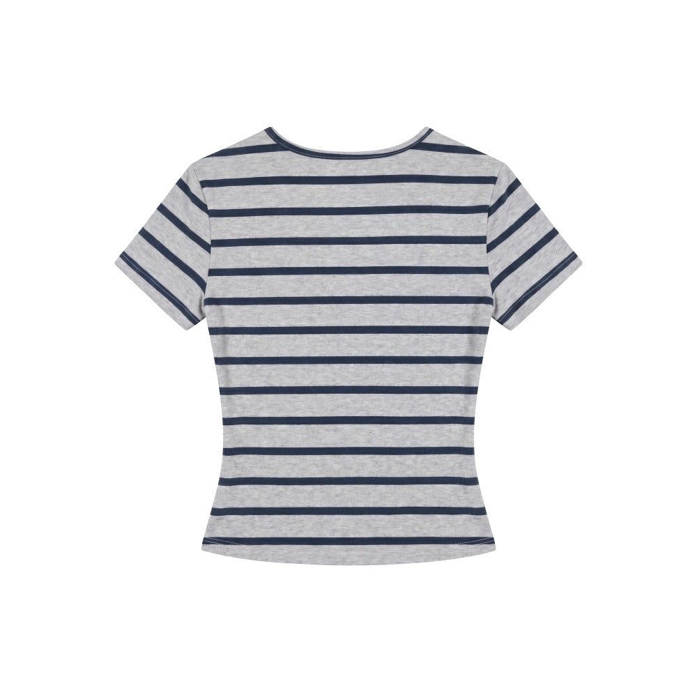 Hollow Out Slim Fit Stripe Short Sleeve Top  Chic Crop Regular Shoulder T-Shirt
