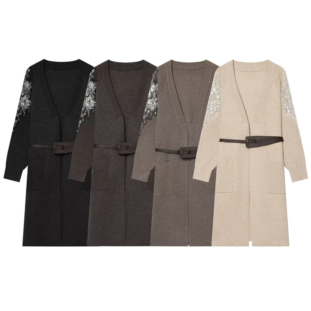 Heavy industry bead sequin waistband knitted coat