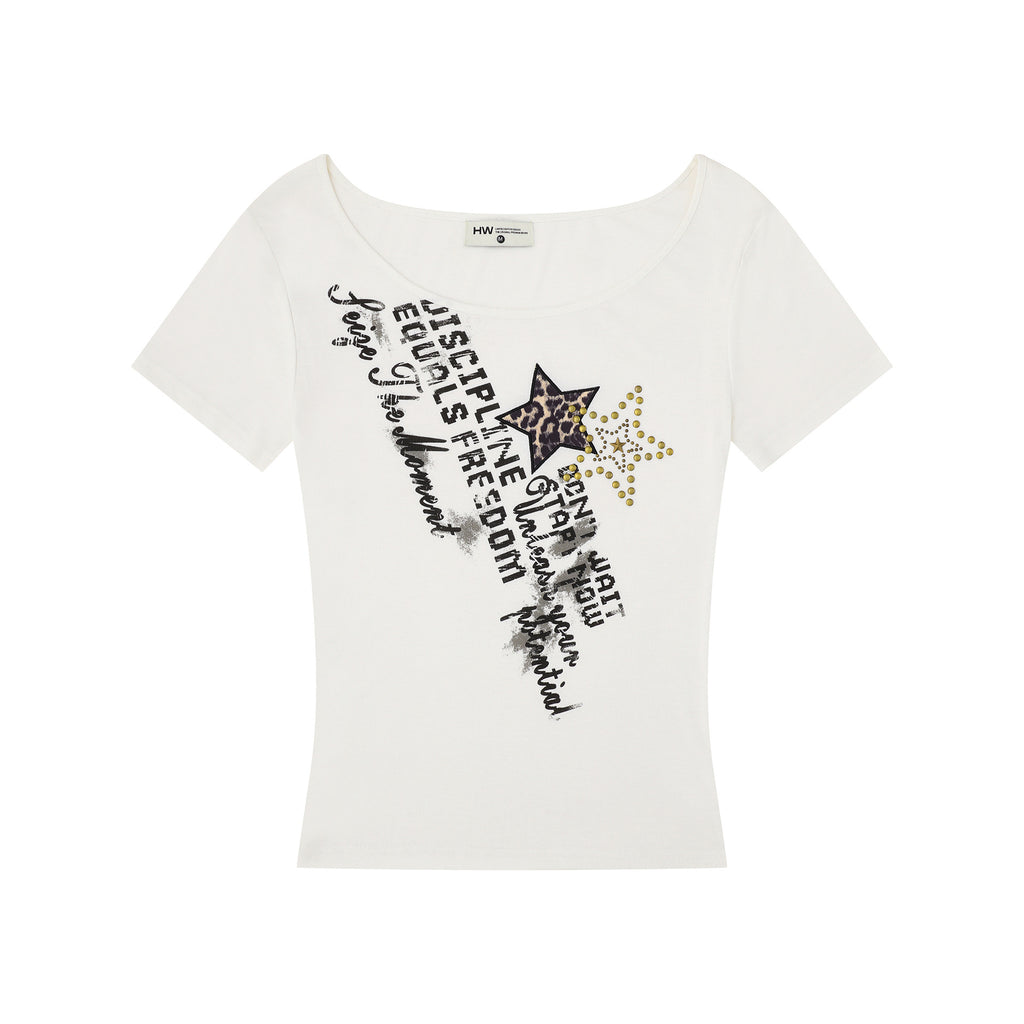 Leopard Print Star Embroidery T-Shirt for Women, Slim Fit Crop Top with Regular Shoulder, Versatile Casual Wear