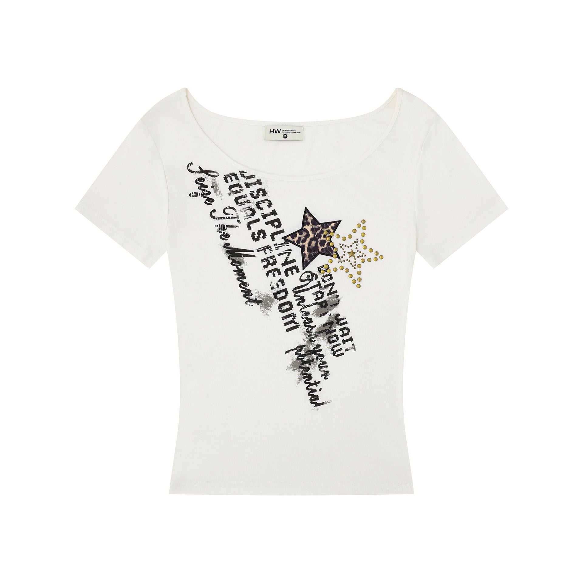Leopard Print Star Embroidery T-Shirt for Women, Slim Fit Crop Top with Regular Shoulder, Versatile Casual Wear