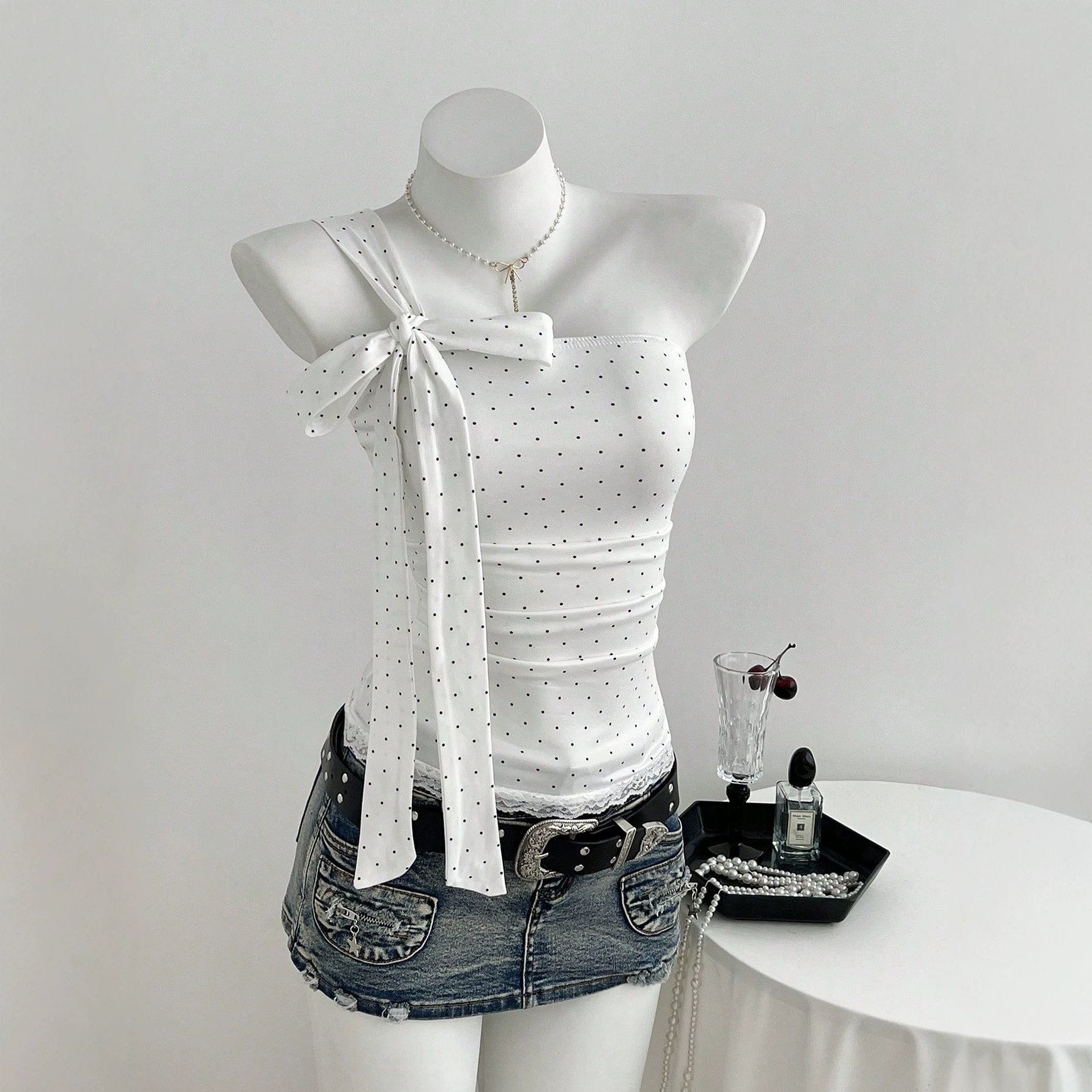 Polka off shoulder bow women's suspender