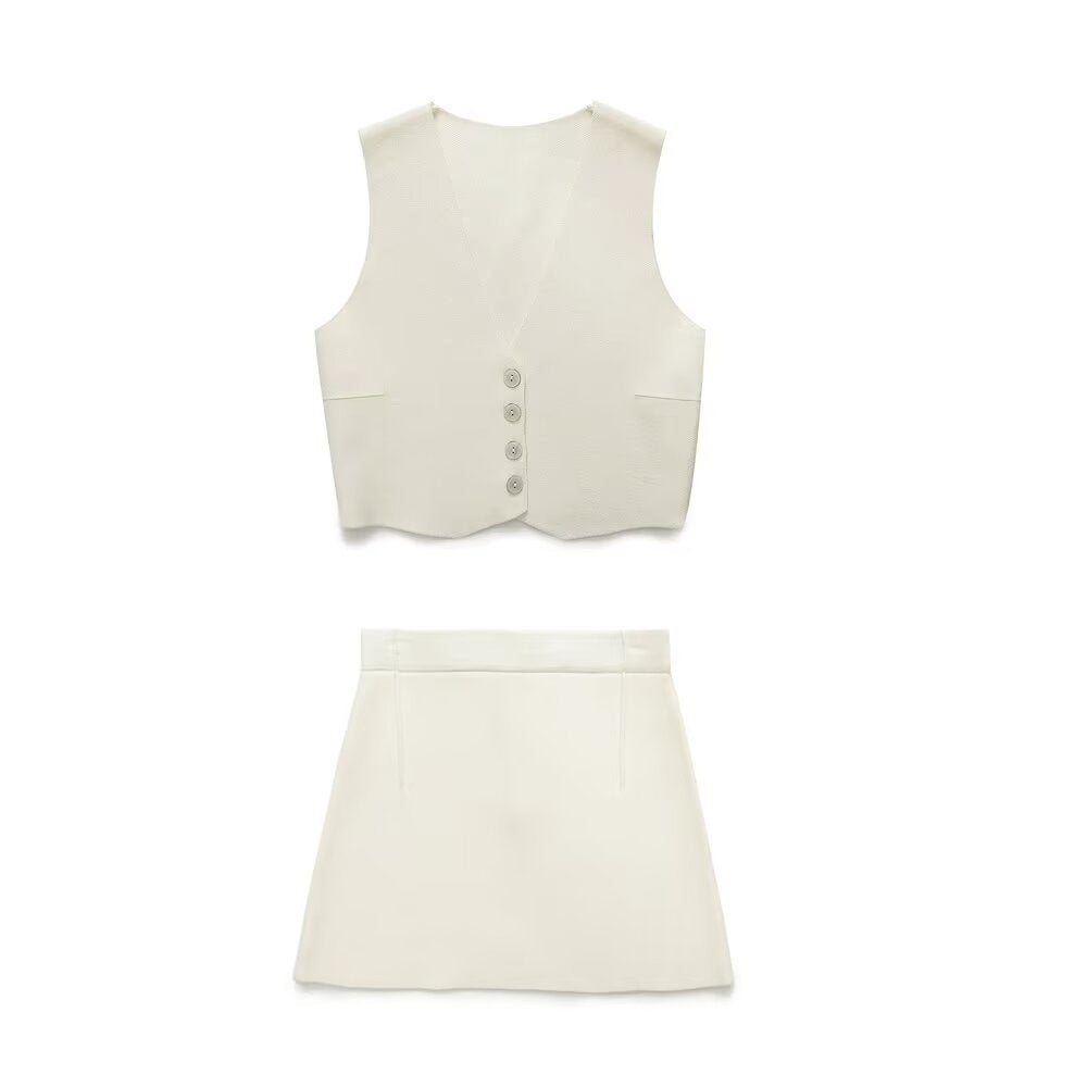 Hot girl knitted sleeveless short vest+knitted mini skirt