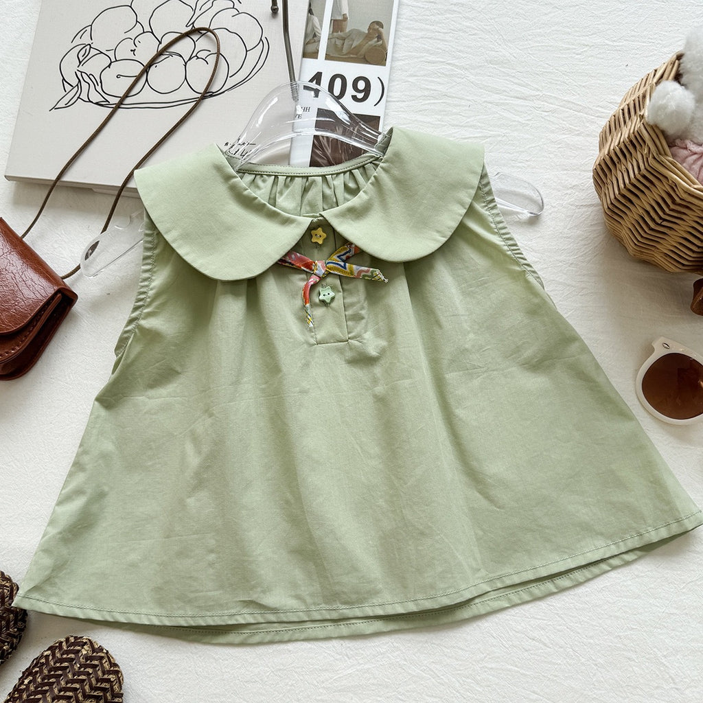 Summer New Girls' Outfit SetPeter Pan Collar Sleeveless Top with Vintage Print Shorts Two-Piece Fashion Set