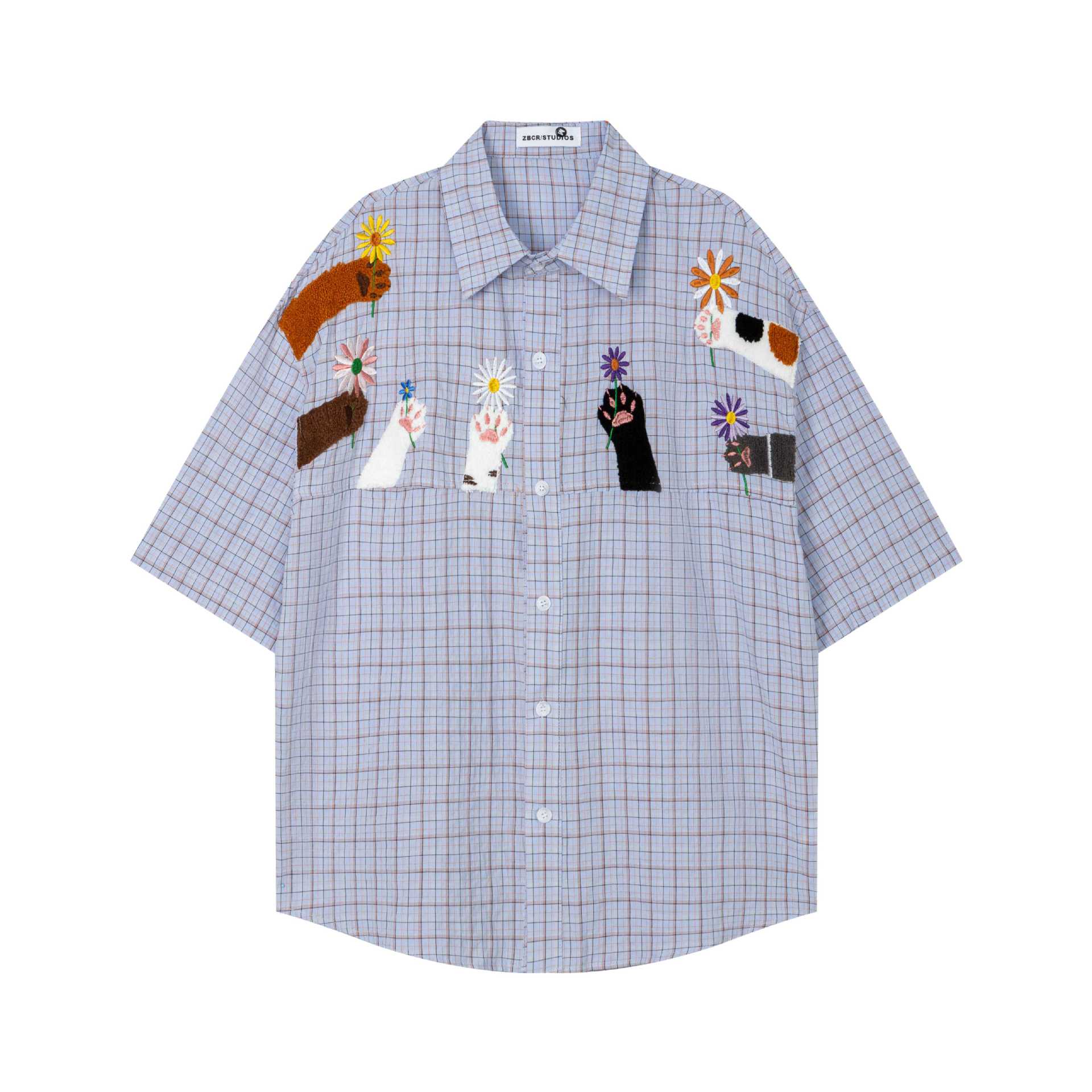 Cat hands flower embroidery short sleeved shirt