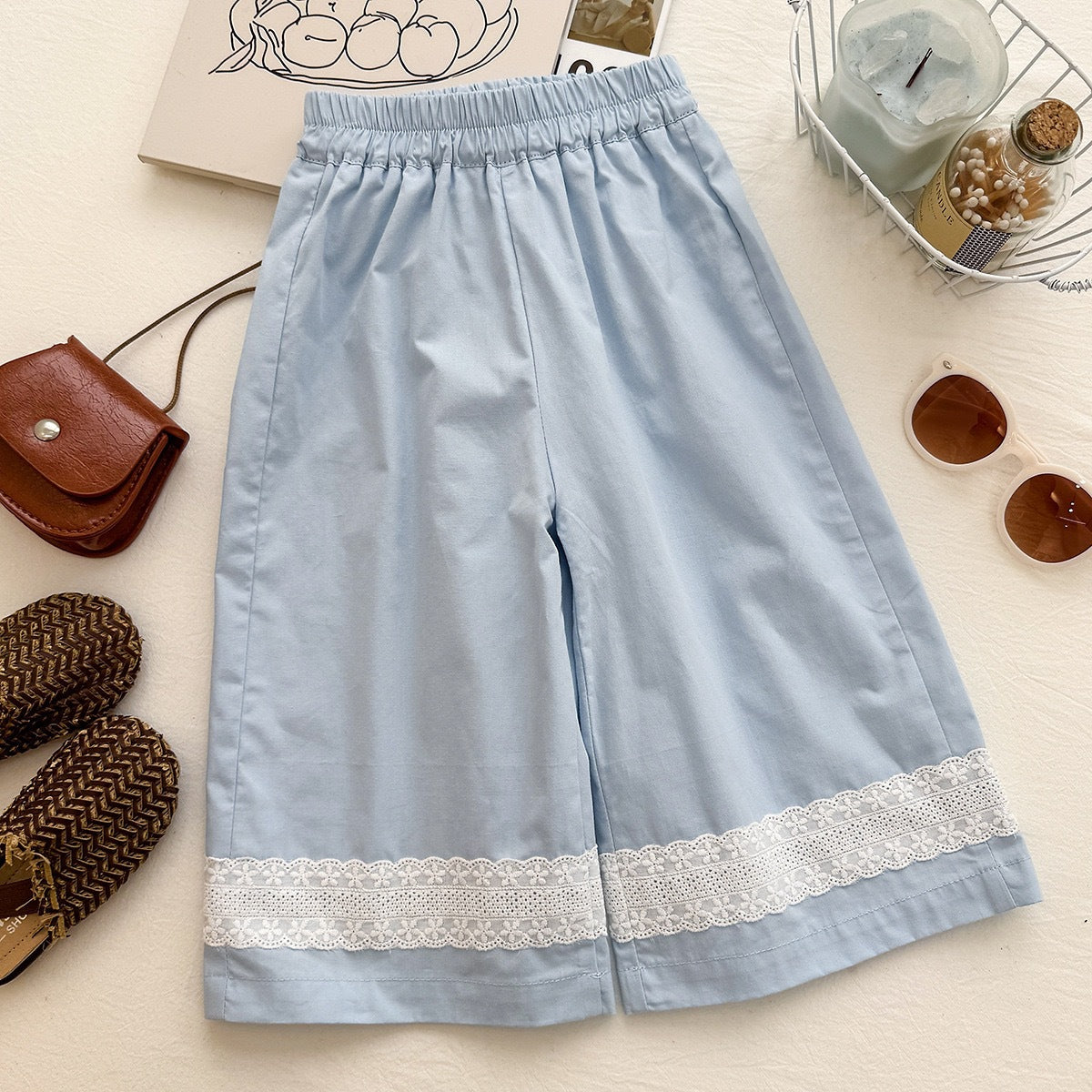 Chic Striped Lace Tank Top with Ruffle Wide-Leg Pants Two-Piece Set for Girls Summer Outfit