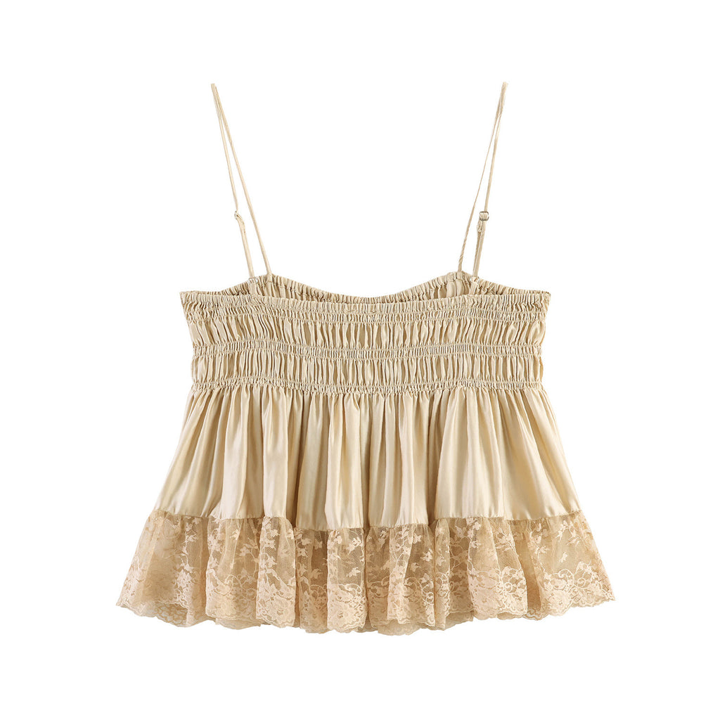 Wrinkled lace satin texture camisole top