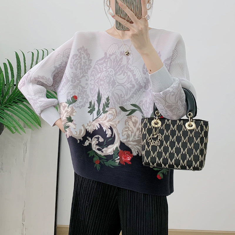 New pleated printed women's loose and stylish plus size belly covering batwing sleeve top