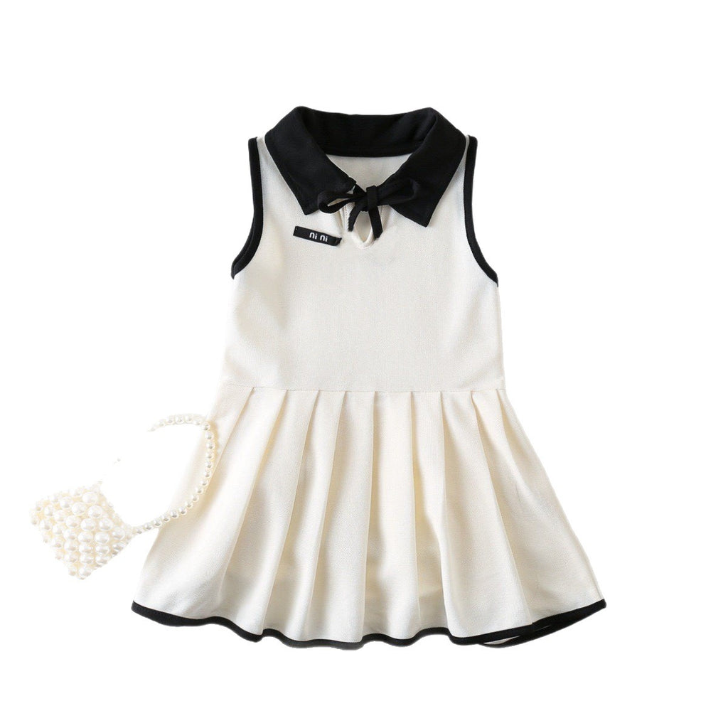 Sleeveless Turn-down Collar Bow Vest Dress for Girls Casual Pleated Skirt