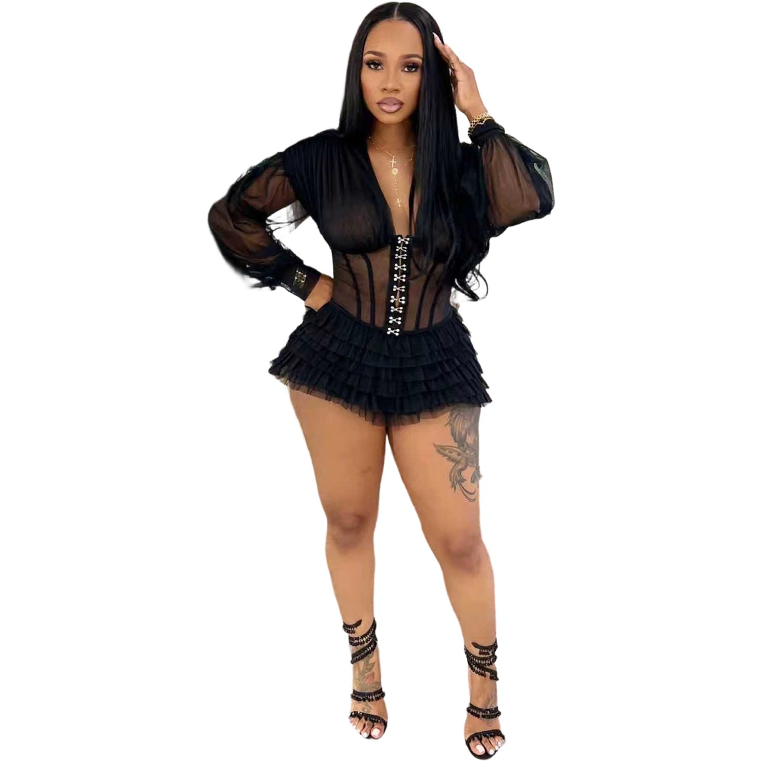 Mesh patchwork ruffle edge jumpsuit