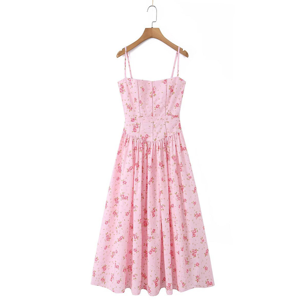 French vacation style printed suspender dress