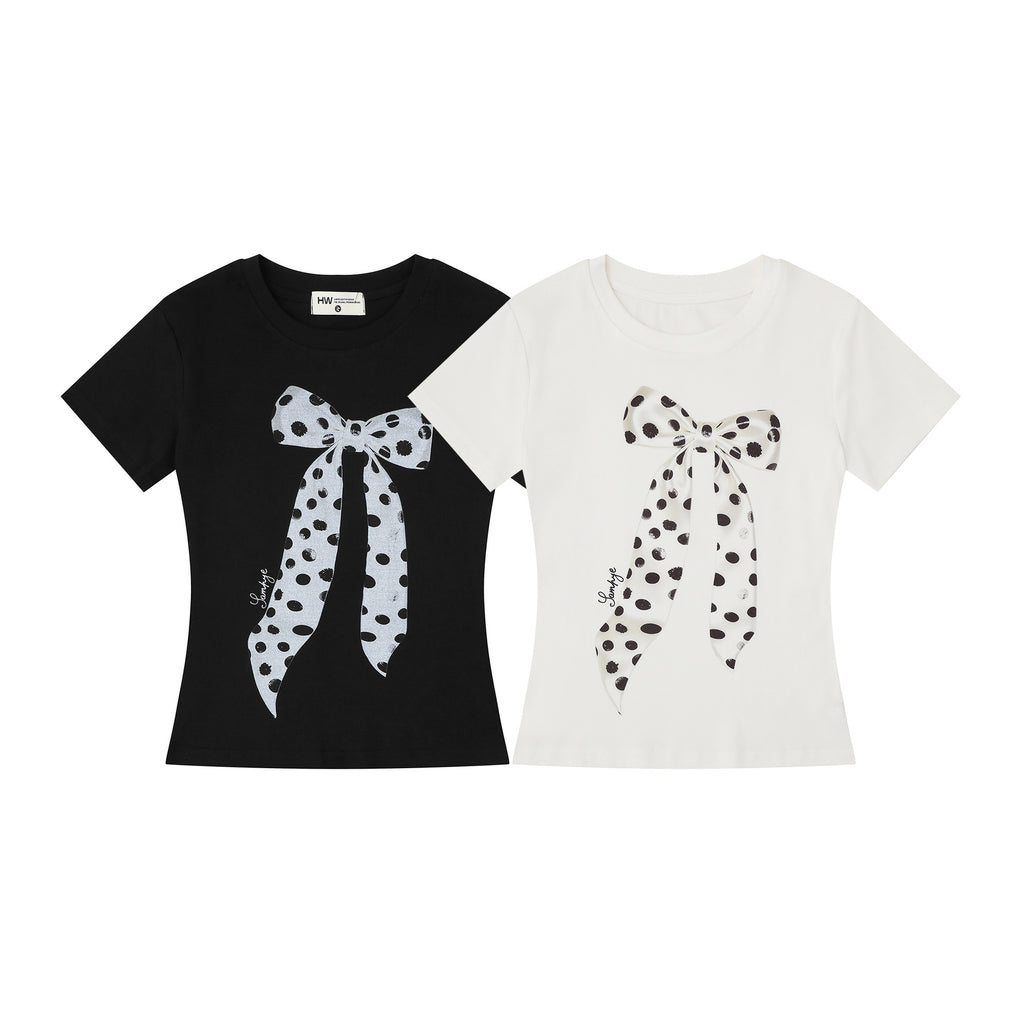 Black and White Polka Dot Bow T-Shirt  Slim Fit  Casual Wear