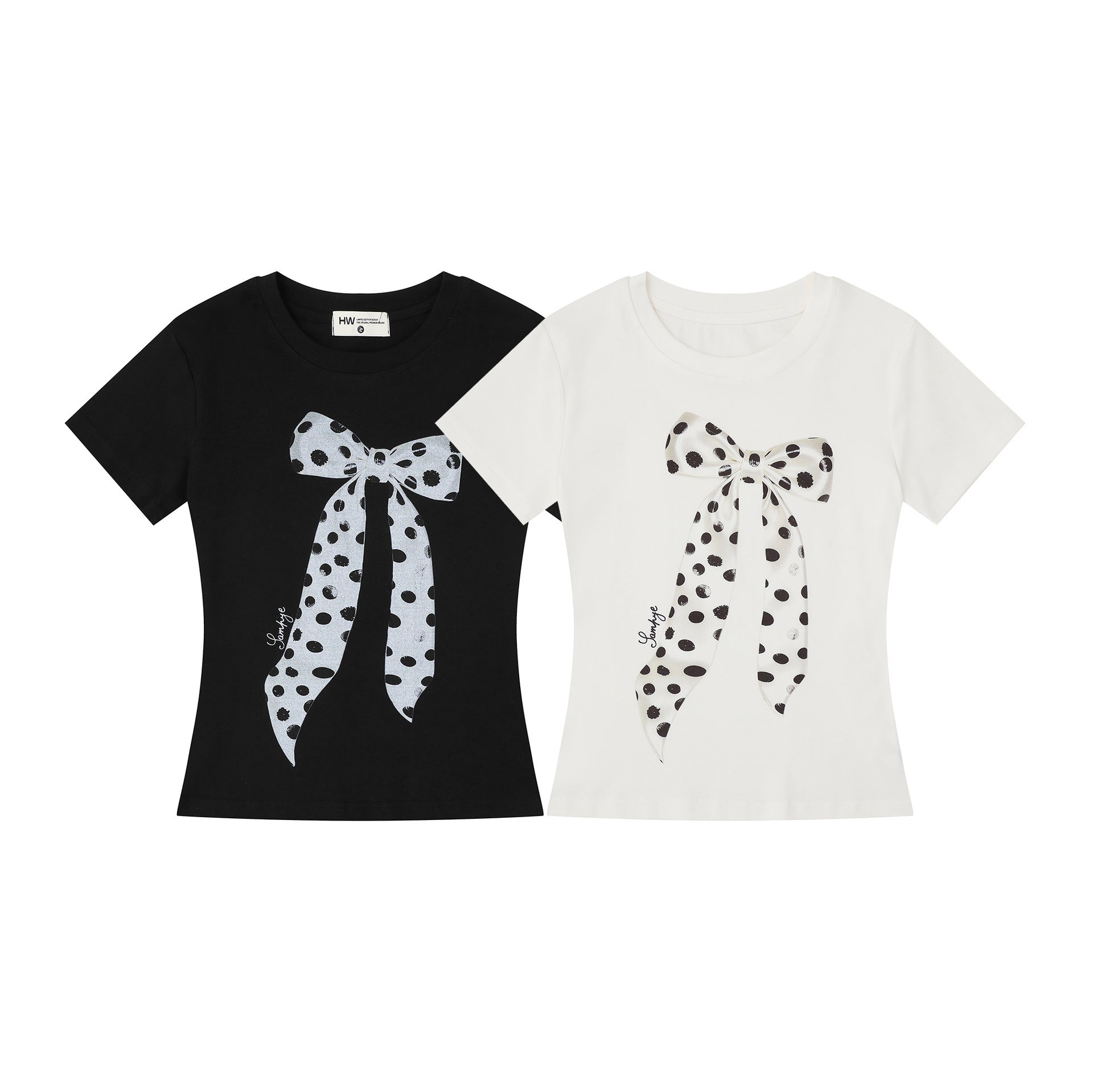 Black and White Polka Dot Bow T-Shirt  Slim Fit  Casual Wear