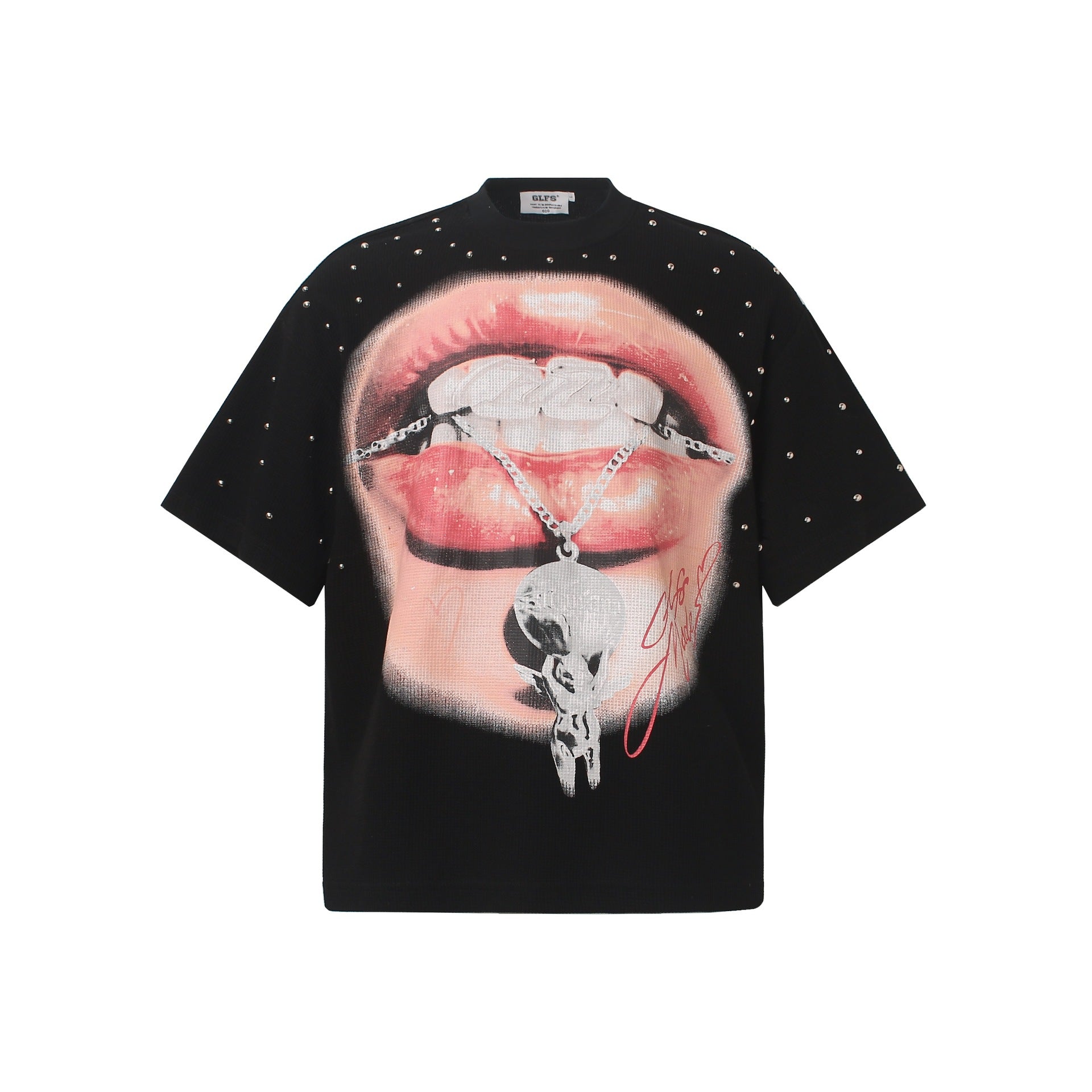 Red lip diamond print short sleeved shirt