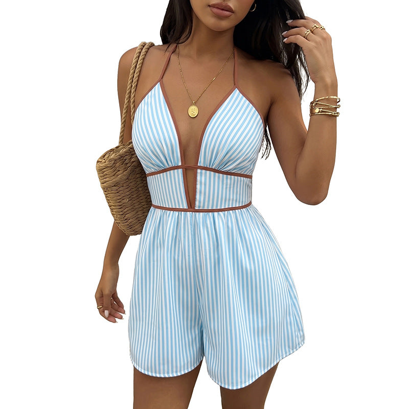 Striped neck and waist cinching jumpsuit shorts