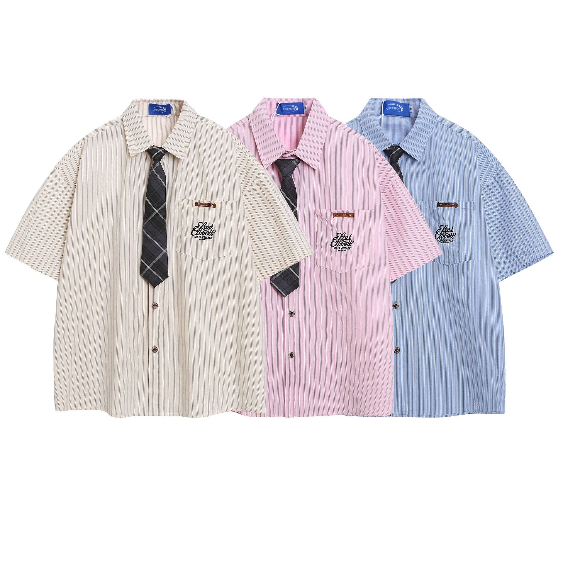 Embroidered striped short sleeved pocket
