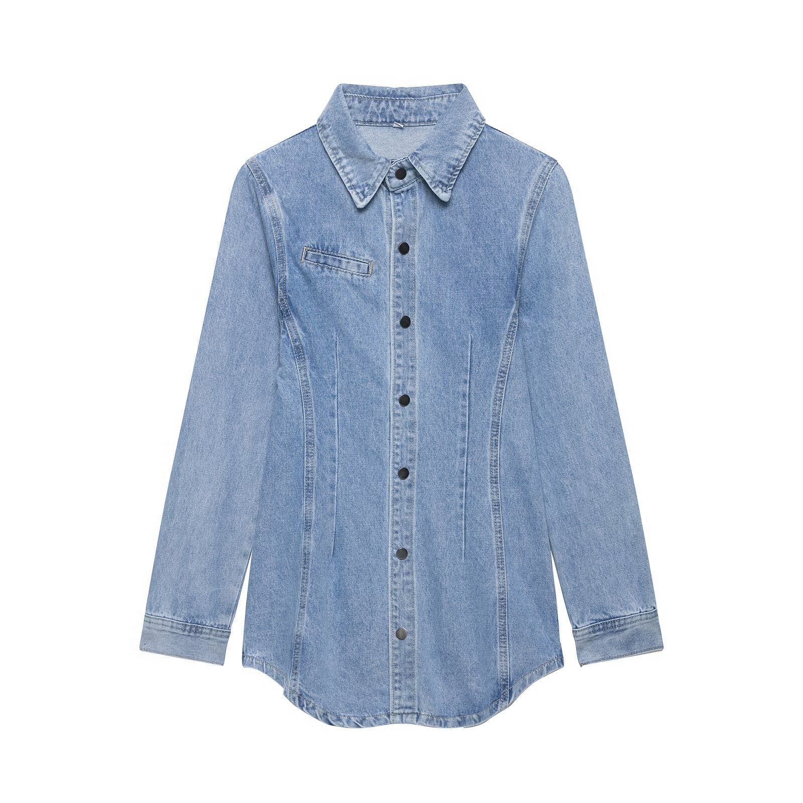 Splicing collar and waist cinched denim shirt jacket