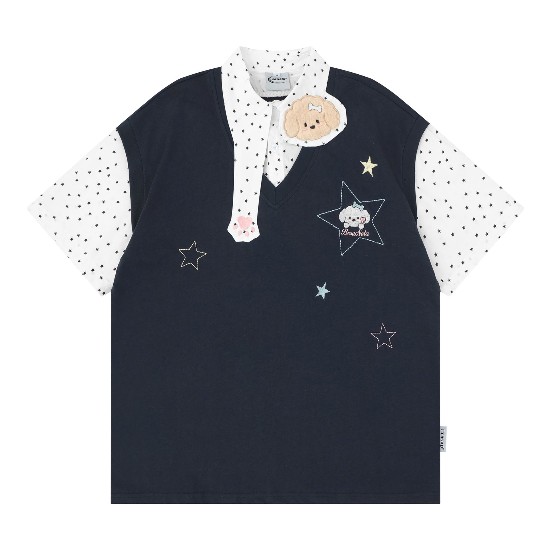 Fake two embroidered short sleeves