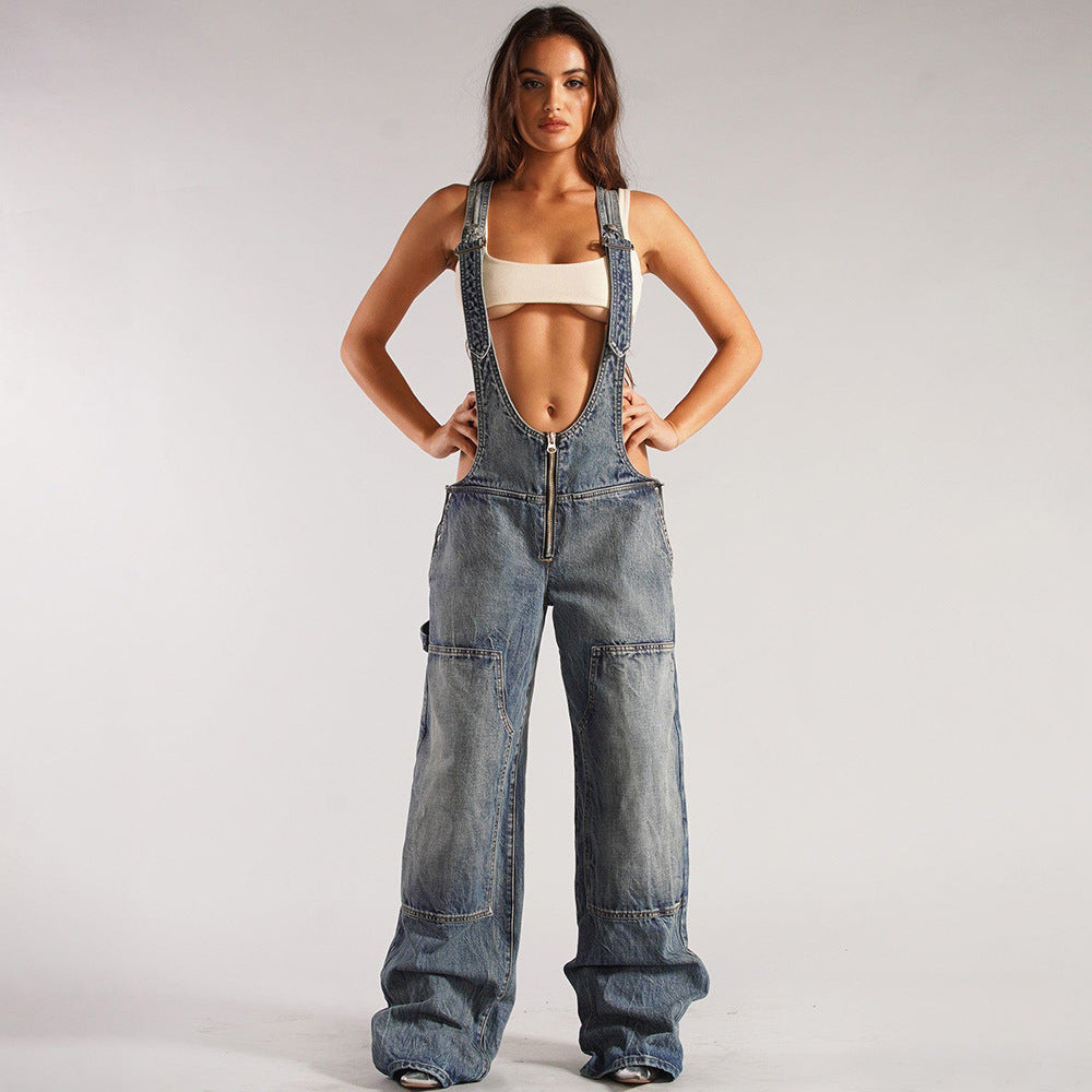Women's Denim Jumpsuit Street Style Multi-pocket Overalls Loose Waist Straight Leg Pants