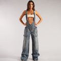 Women's Denim Jumpsuit Street Style Multi-pocket Overalls Loose Waist Straight Leg Pants