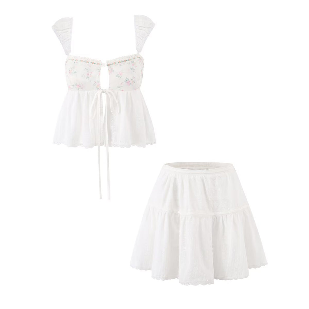Pure Desire Style Printed Splicing Small Top+Cotton Half Skirt Set