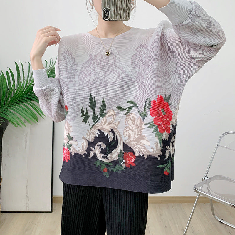 New pleated printed women's loose and stylish plus size belly covering batwing sleeve top