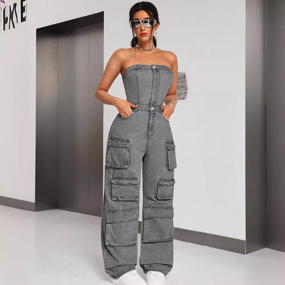 Women's Denim Jumpsuit Fashion Crop Top Multi-Pocket Utility Pants