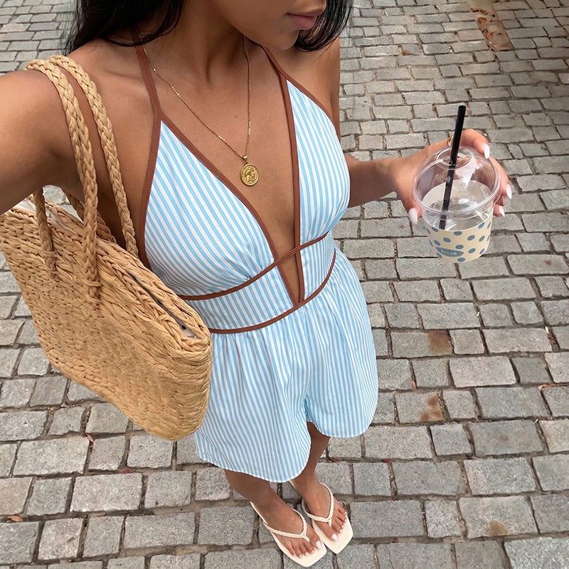 Striped neck and waist cinching jumpsuit shorts