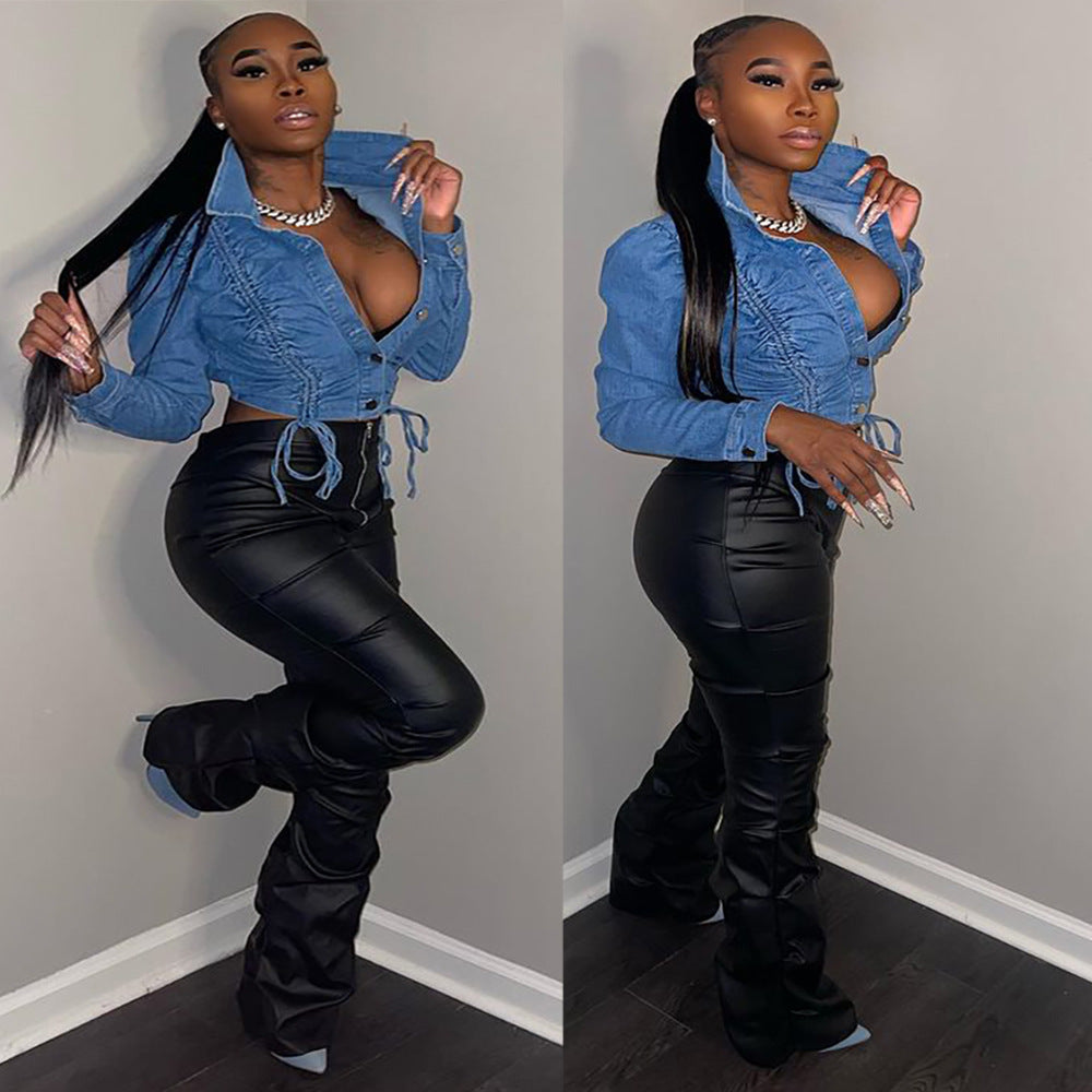 Women's Street Chic Drawstring Single-breasted Long Sleeve Denim Jacket Top