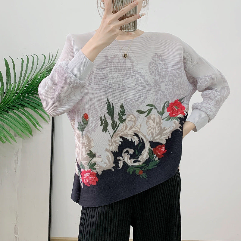New pleated printed women's loose and stylish plus size belly covering batwing sleeve top