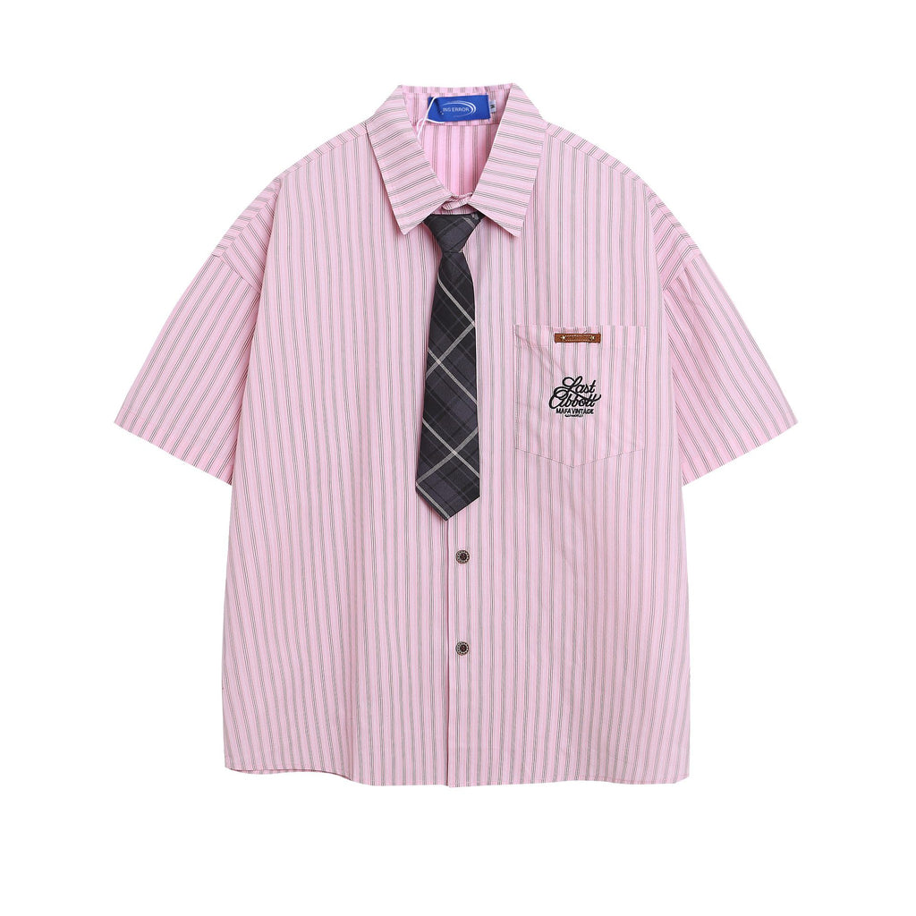 Embroidered striped short sleeved pocket