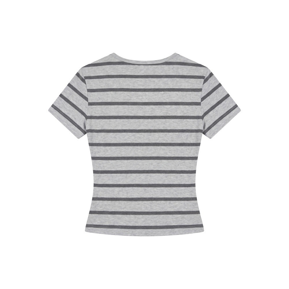 Hollow Out Slim Fit Stripe Short Sleeve Top  Chic Crop Regular Shoulder T-Shirt
