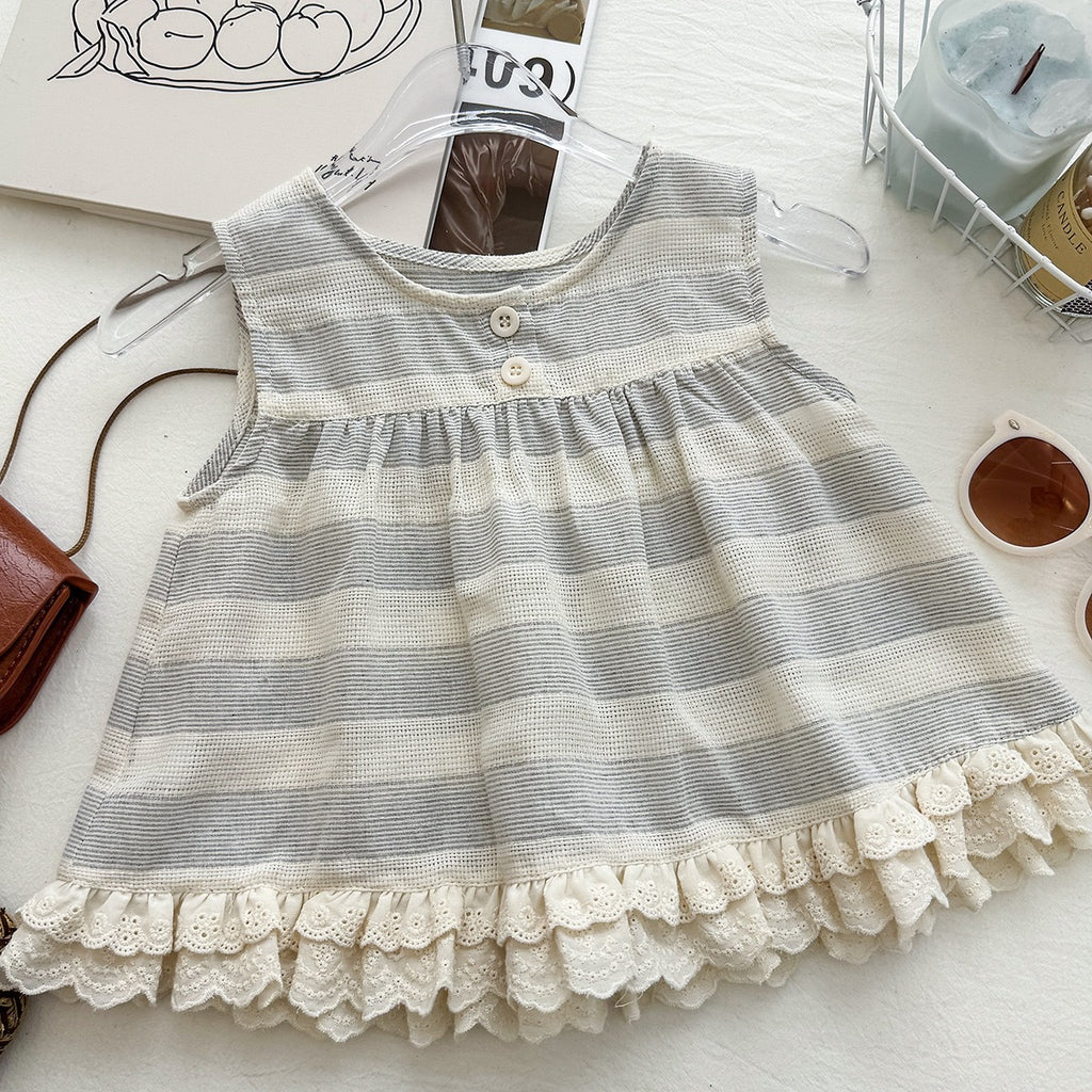 Chic Striped Lace Tank Top with Ruffle Wide-Leg Pants Two-Piece Set for Girls Summer Outfit