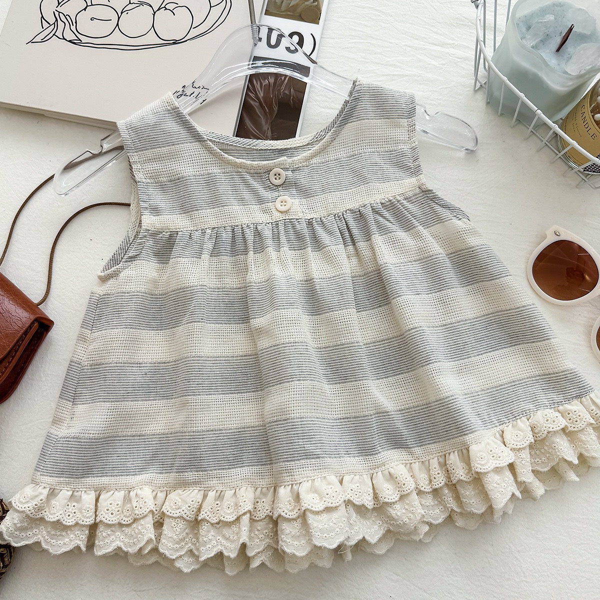 Chic Striped Lace Tank Top with Ruffle Wide-Leg Pants Two-Piece Set for Girls Summer Outfit