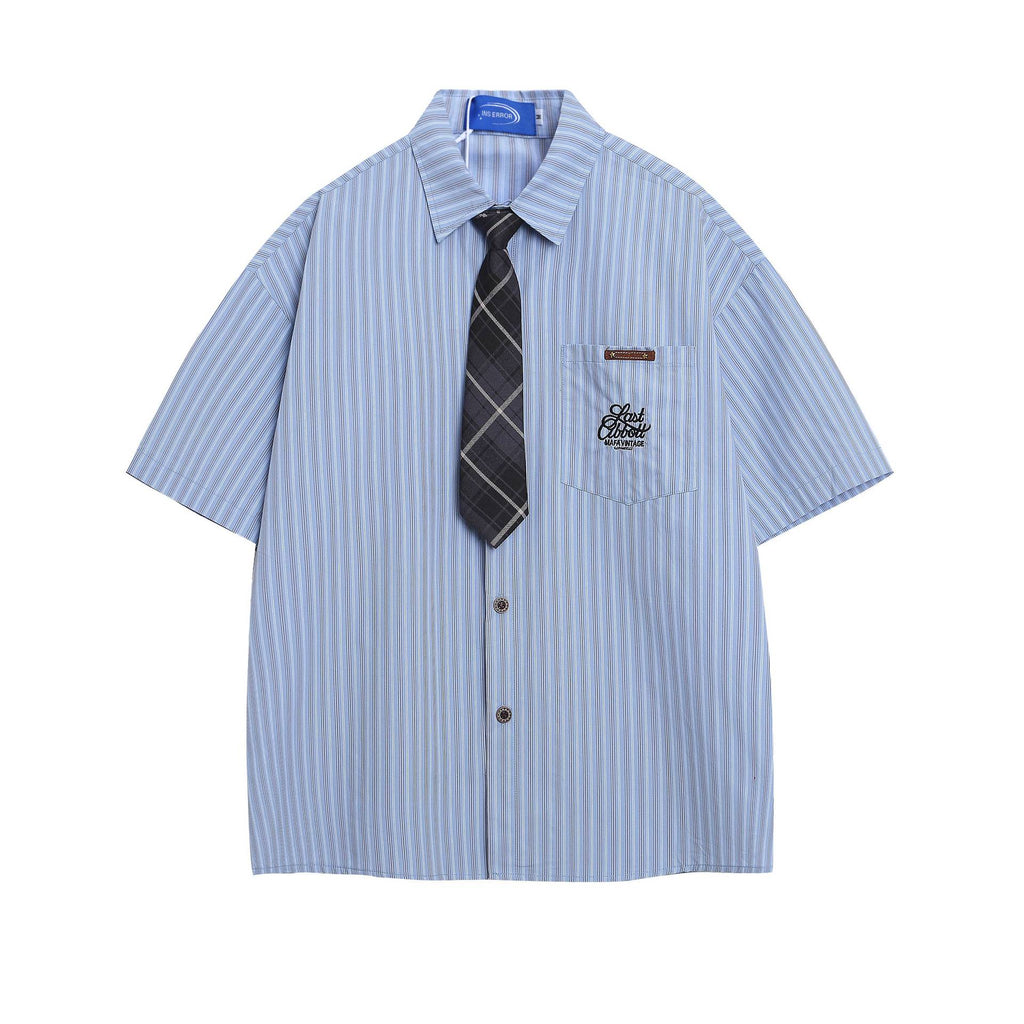 Embroidered striped short sleeved pocket