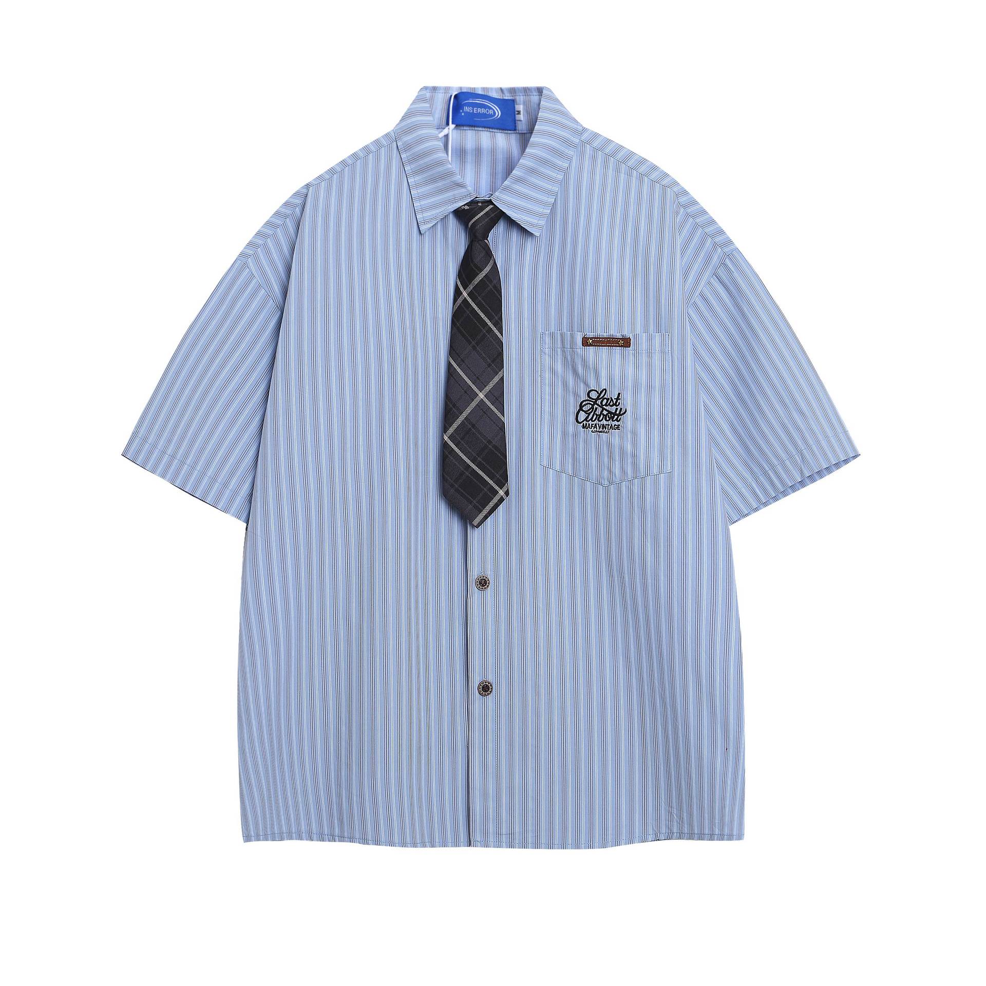 Embroidered striped short sleeved pocket