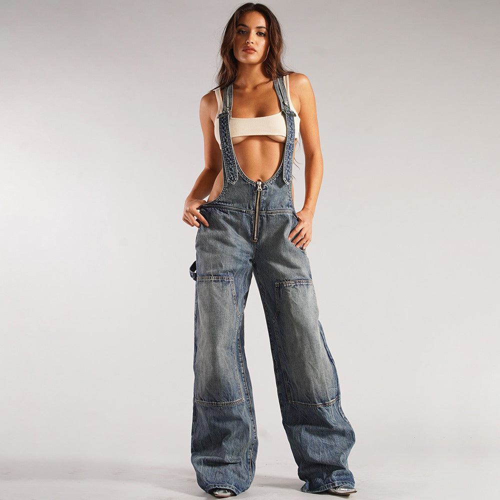 Women's Denim Jumpsuit Street Style Multi-pocket Overalls Loose Waist Straight Leg Pants