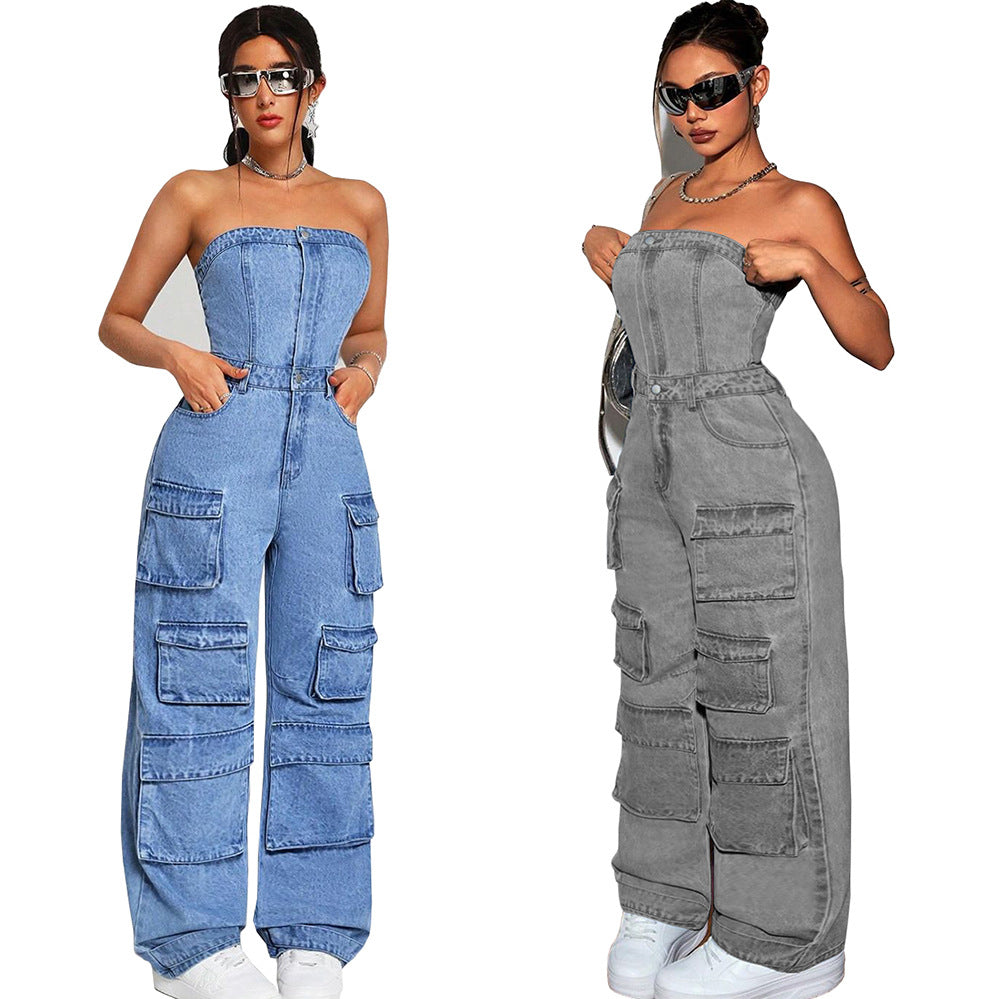 Women's Denim Jumpsuit Fashion Crop Top Multi-Pocket Utility Pants