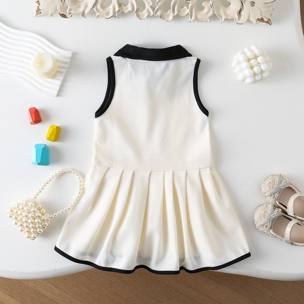 Sleeveless Turn-down Collar Bow Vest Dress for Girls Casual Pleated Skirt