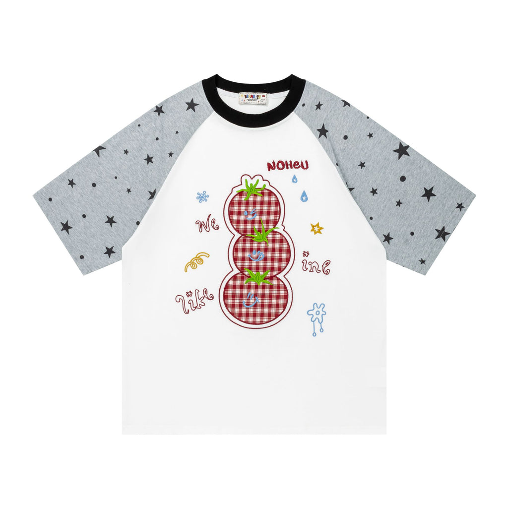 Tomato embroidery shoulder length short sleeved shirt