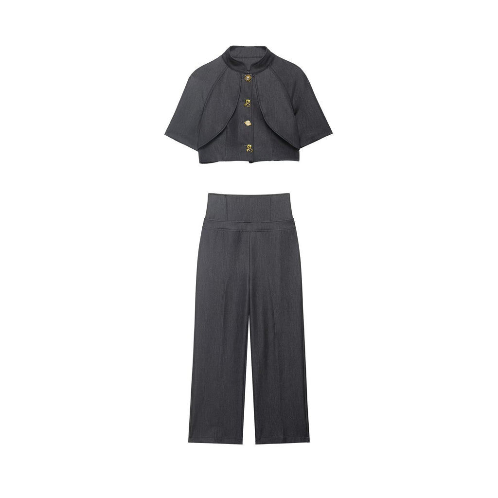 Mid sleeve metal buckle decorative top+high waisted lace up straight leg pants set