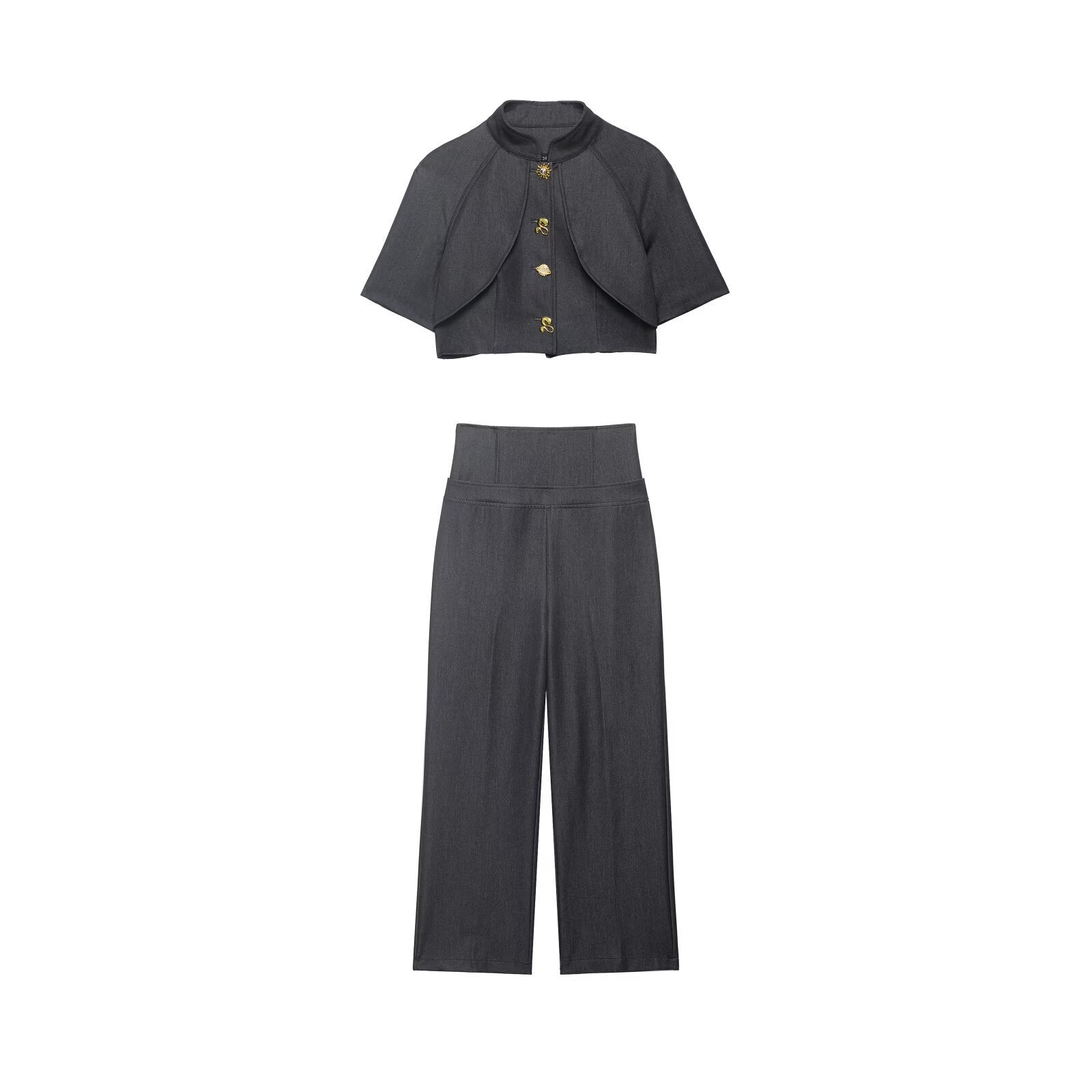 Mid sleeve metal buckle decorative top+high waisted lace up straight leg pants set