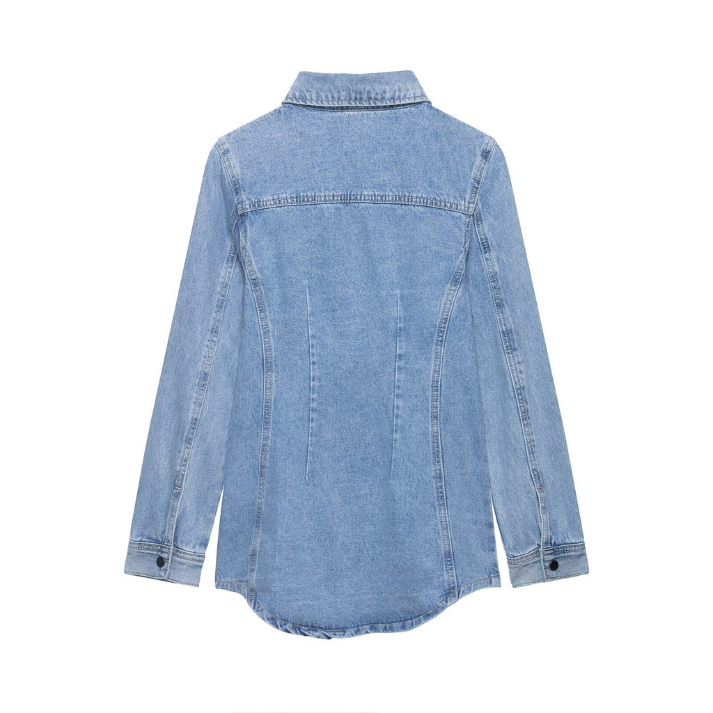 Splicing collar and waist cinched denim shirt jacket