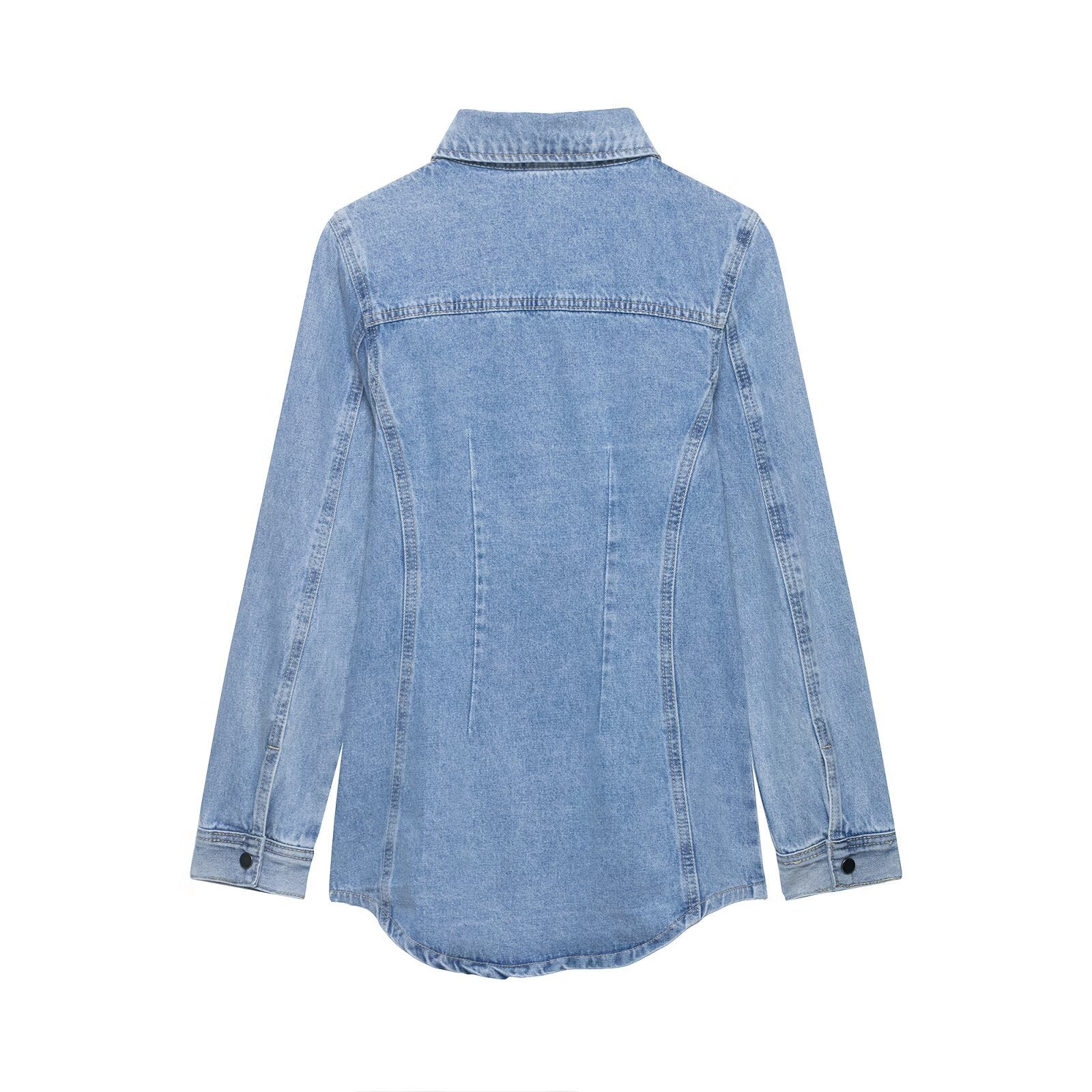 Splicing collar and waist cinched denim shirt jacket