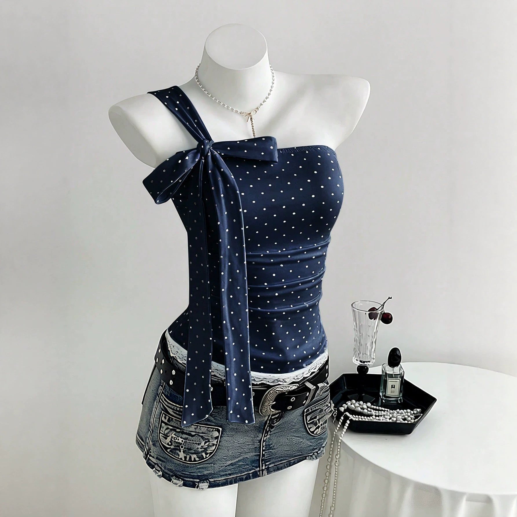Polka off shoulder bow women's suspender