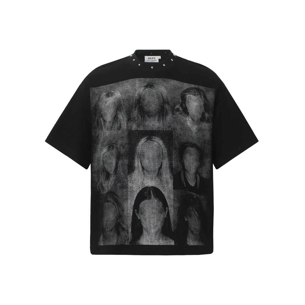 Portrait collage printed short sleeved shirt