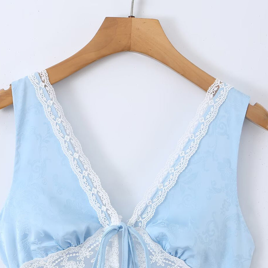 Satin mesh lace patchwork sleeveless dress