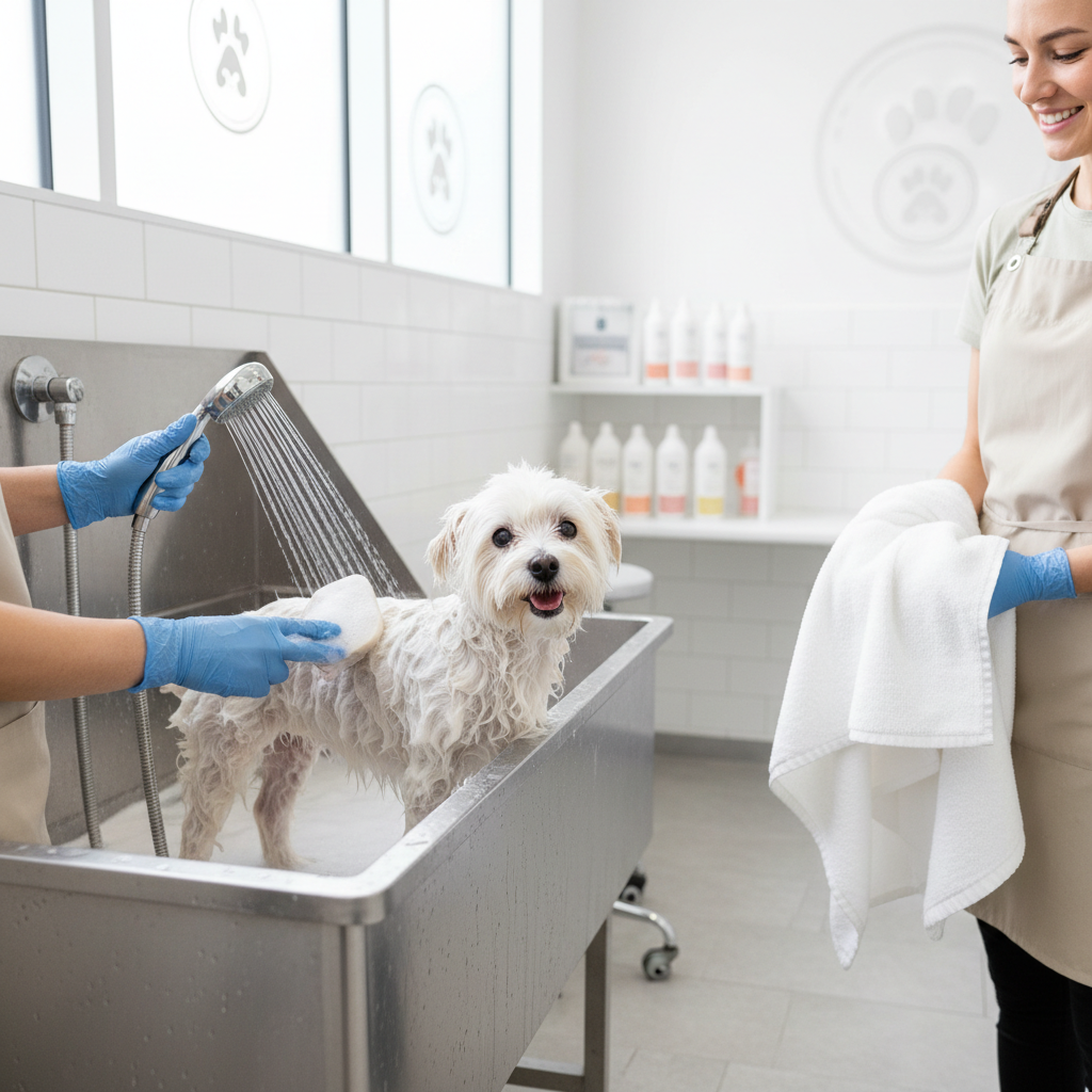 Small dog getting a bath and brush grooming session
